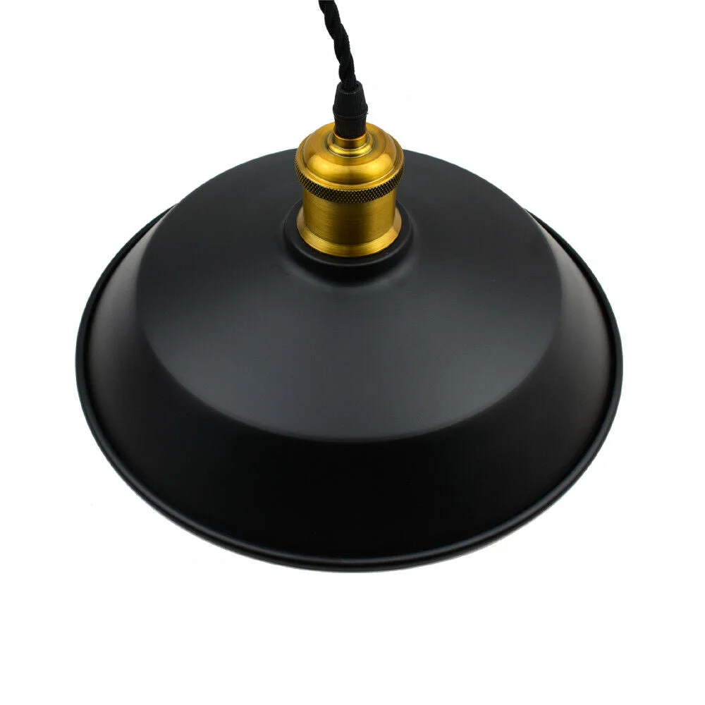 Vintage pendant ceiling light set of 3, black round shades with twisted cables on industrial style ceiling rose.
