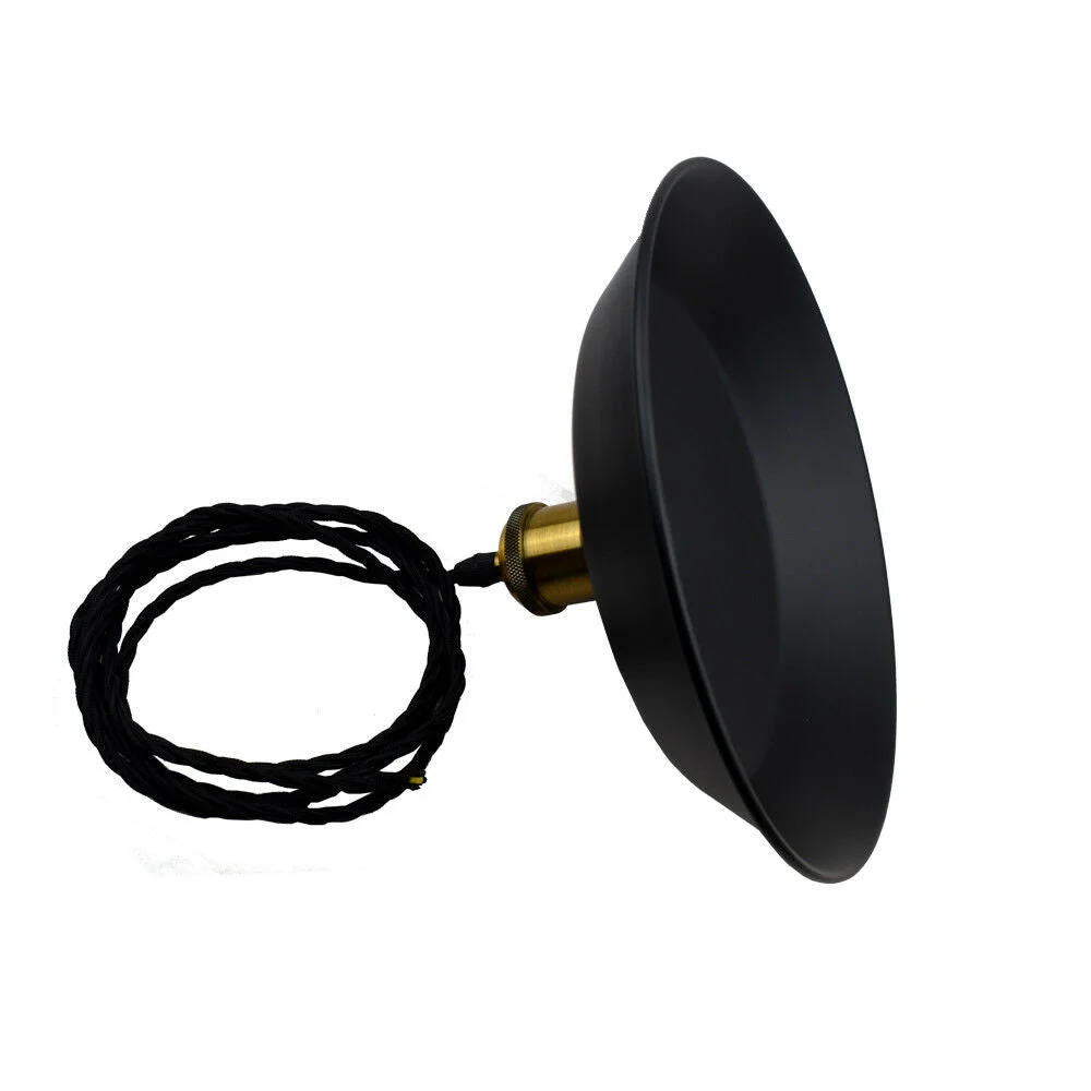 Three black vintage pendant ceiling light with round fabric shades and black twisted wire.