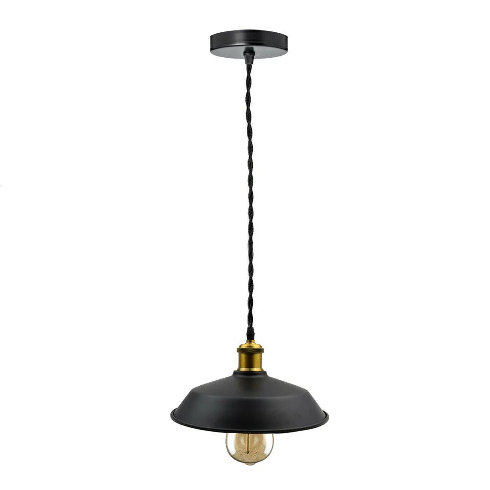 Vintage pendant ceiling light: three black round lamps with twisted wire cable and ceiling rose, stylish industrial shade.
