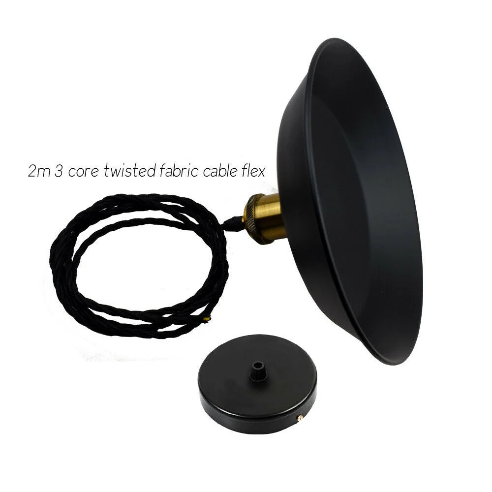 Vintage pendant ceiling light set of three black round fabric lamps with twisted cable, industrial style.