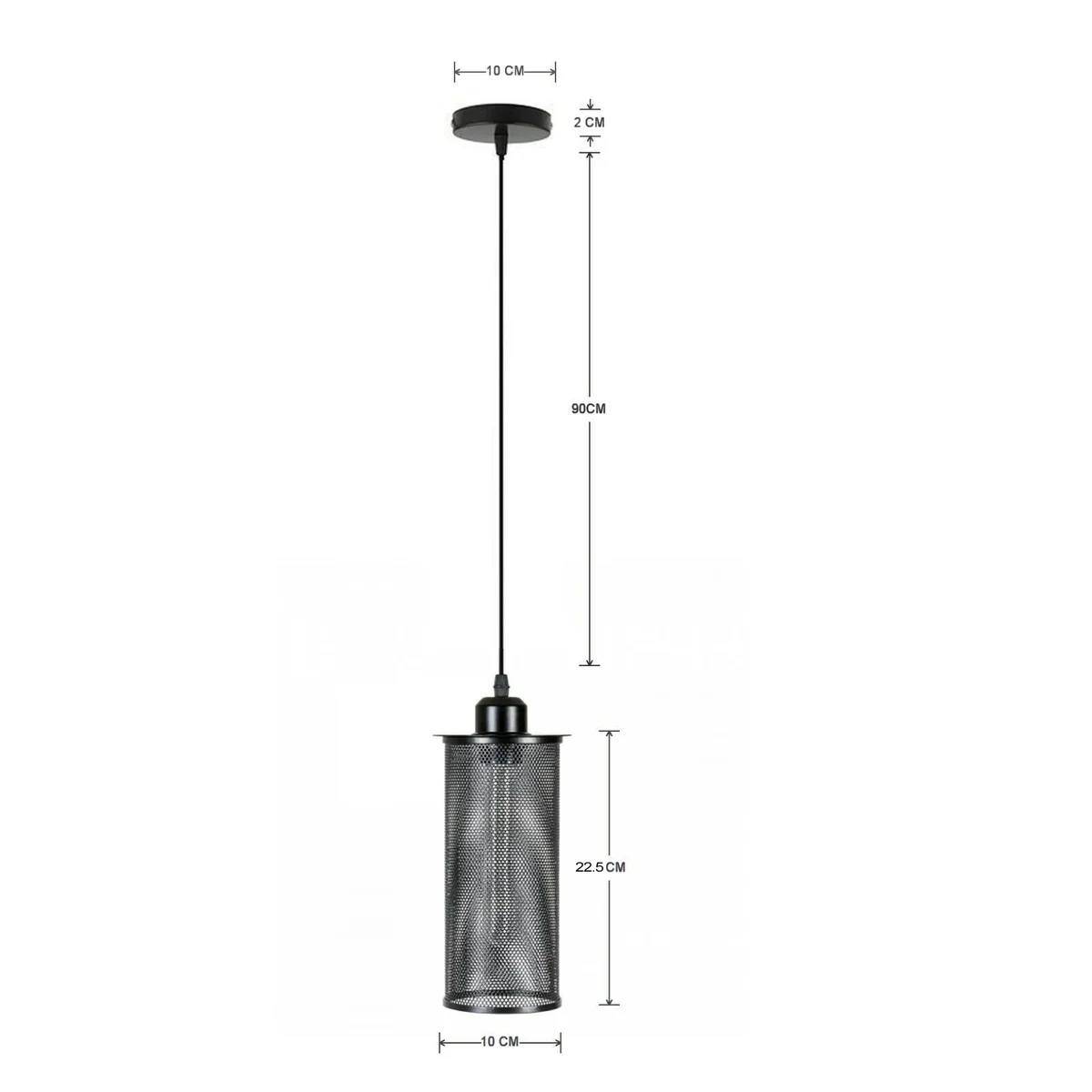 Retro ceiling pendant light in black metal frame with round 10 cm shade, 100 cm cable and white E27 socket.