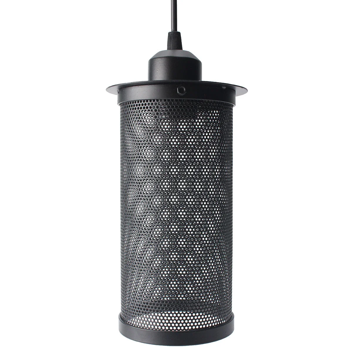 Black metal vintage industrial pendant light with round black shade and 95 cm fabric cable.