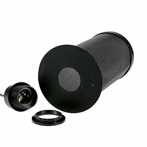 vintage industrial pendant light with black metal shade, round fabric cover, cable, hanging from metal canopy