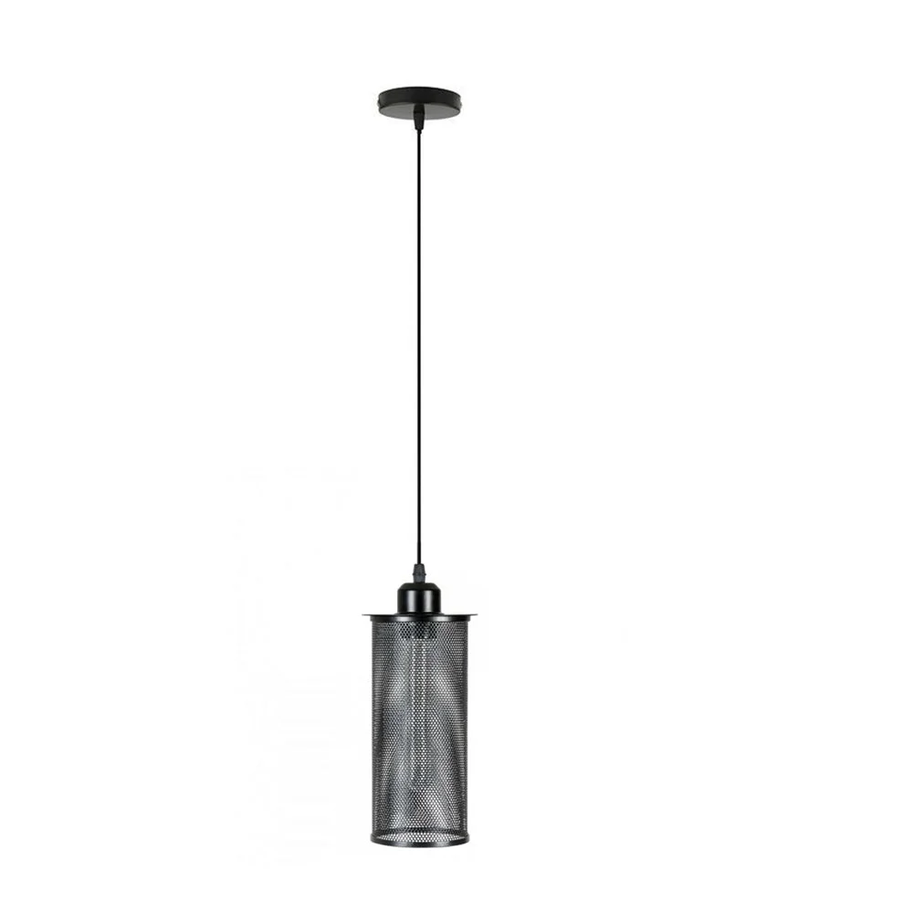 Black, metal vintage industrial pendant light with round canopy and fabric cable hanging from ceiling.