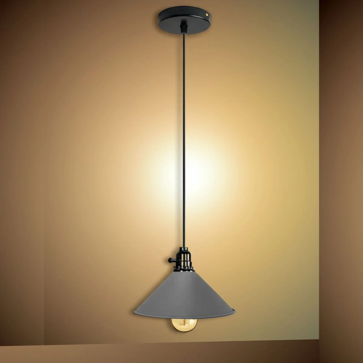 Grey industrial pendant light with black fabric cable, 21 cm metal shade, 8.5 cm height, hanging over a countertop.