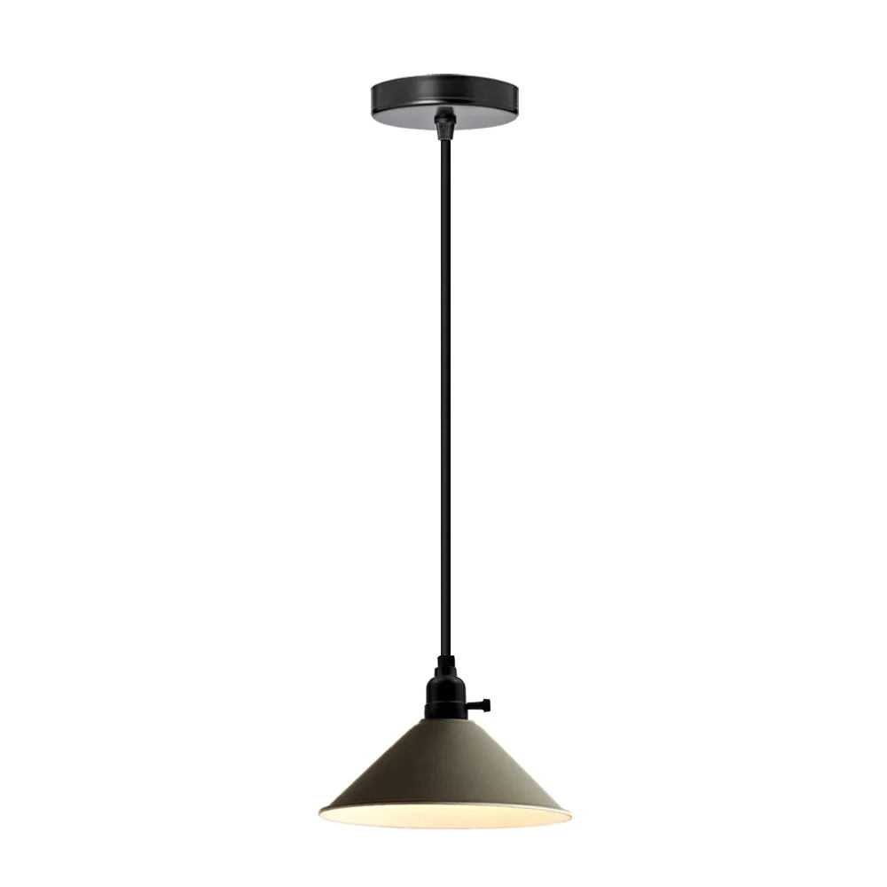 Grey industrial pendant light with metal shade, black fabric cable and E27 socket, ideal for restaurant lighting.
