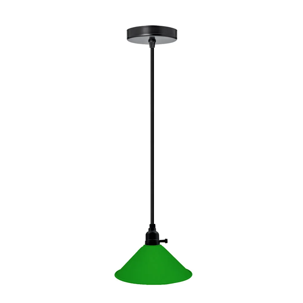 Green pendant lamp with black fabric hanging cord, 21 cm round green shade on E27 socket, decorative ceiling accessory.