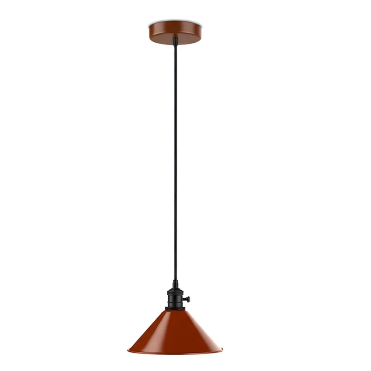 Brown modern ceiling pendant light with 21 cm brown shade, black fabric cable, ceiling rose and lamp holder.