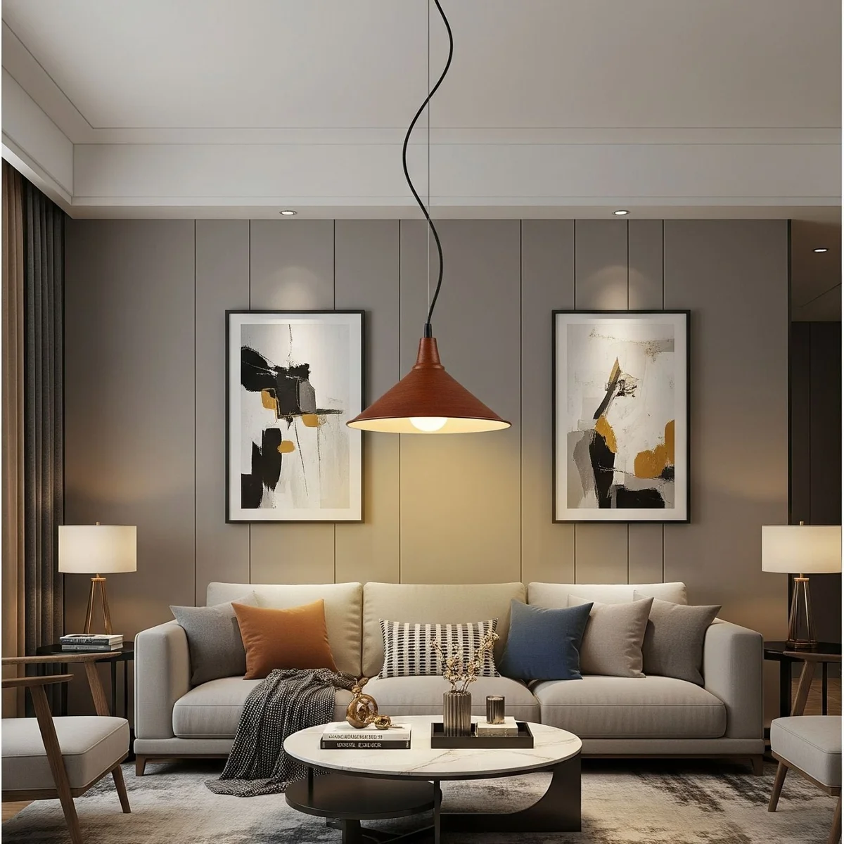 Brown ceiling pendant light with 21 cm diameter brown shade, 8.5 cm height, hanging on black fabric cable