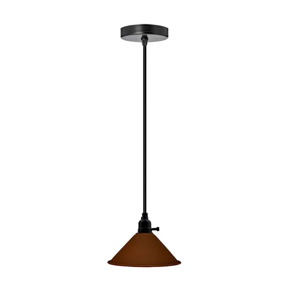 Brown industrial pendant light with black fabric cable, brown shade, 21cm diameter, 8.5cm height.