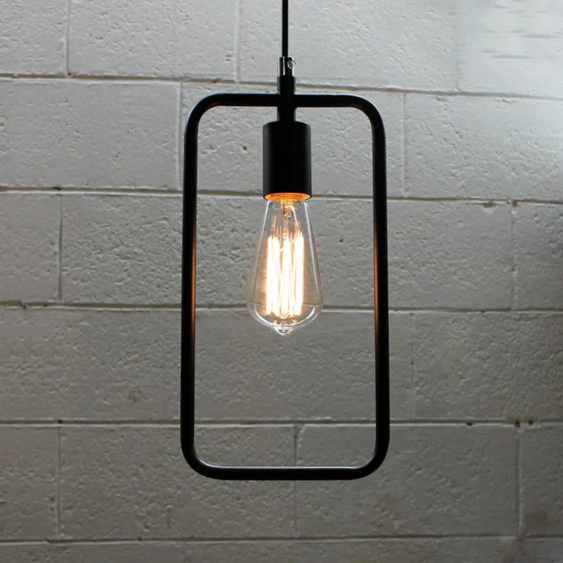 Black rectangular wire pendant light, vintage pendant light, 32 cm tall shade, 17 cm diameter, 100 cm cable, E27 socket.