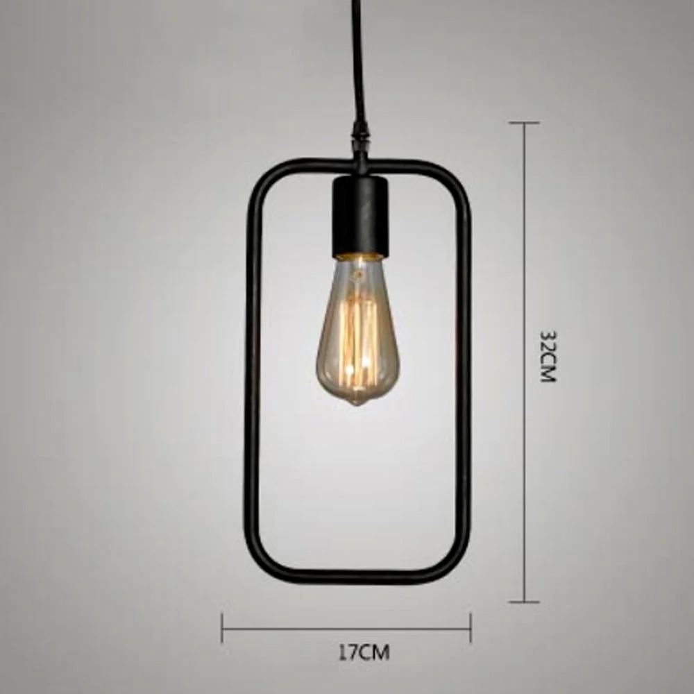 Vintage rectangle black wire lampshade hanging from ceiling, black PVC cable, E27 socket.