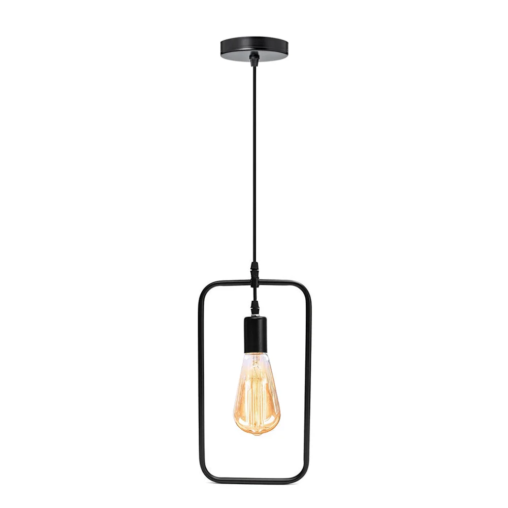 Black rectangular wire pendant, E27 ceiling pendant, 17cm diameter shade, 32cm tall, hanging from PVC cable.