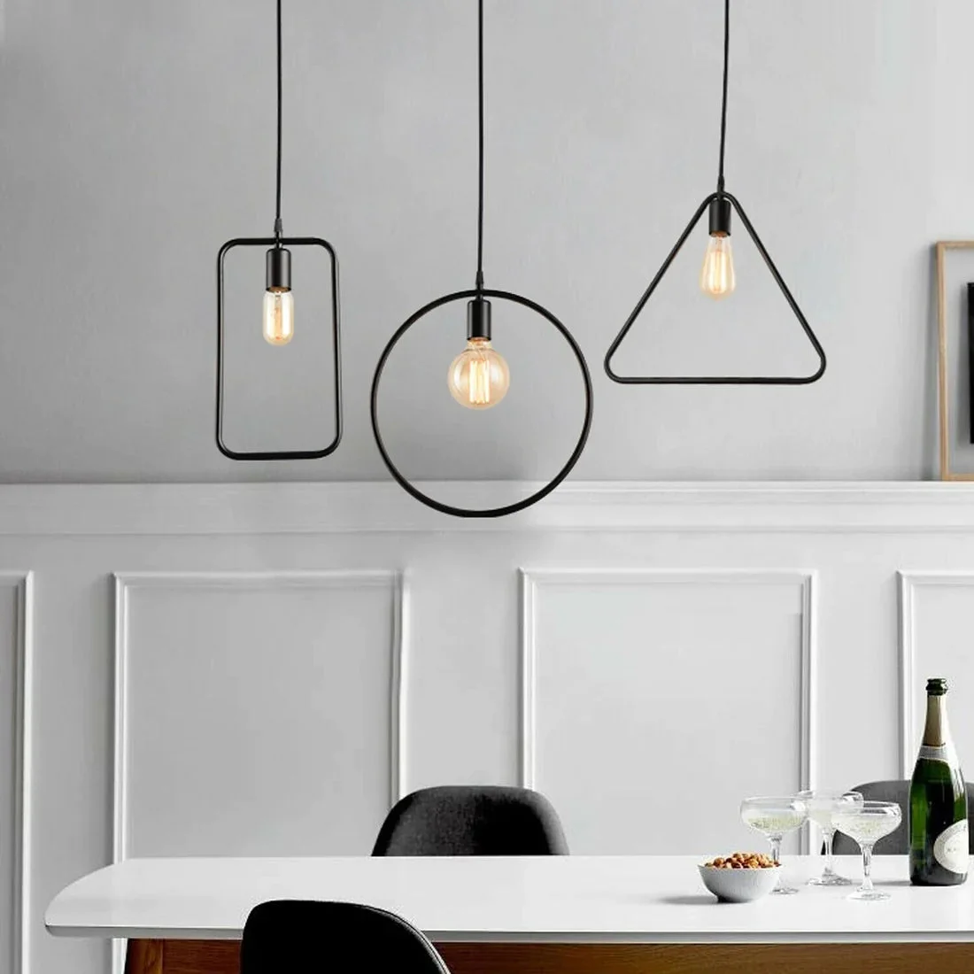 Black rectangular wire pendant with 32 cm black shade, 17 cm diameter, visible PVC cable, vintage ceiling light