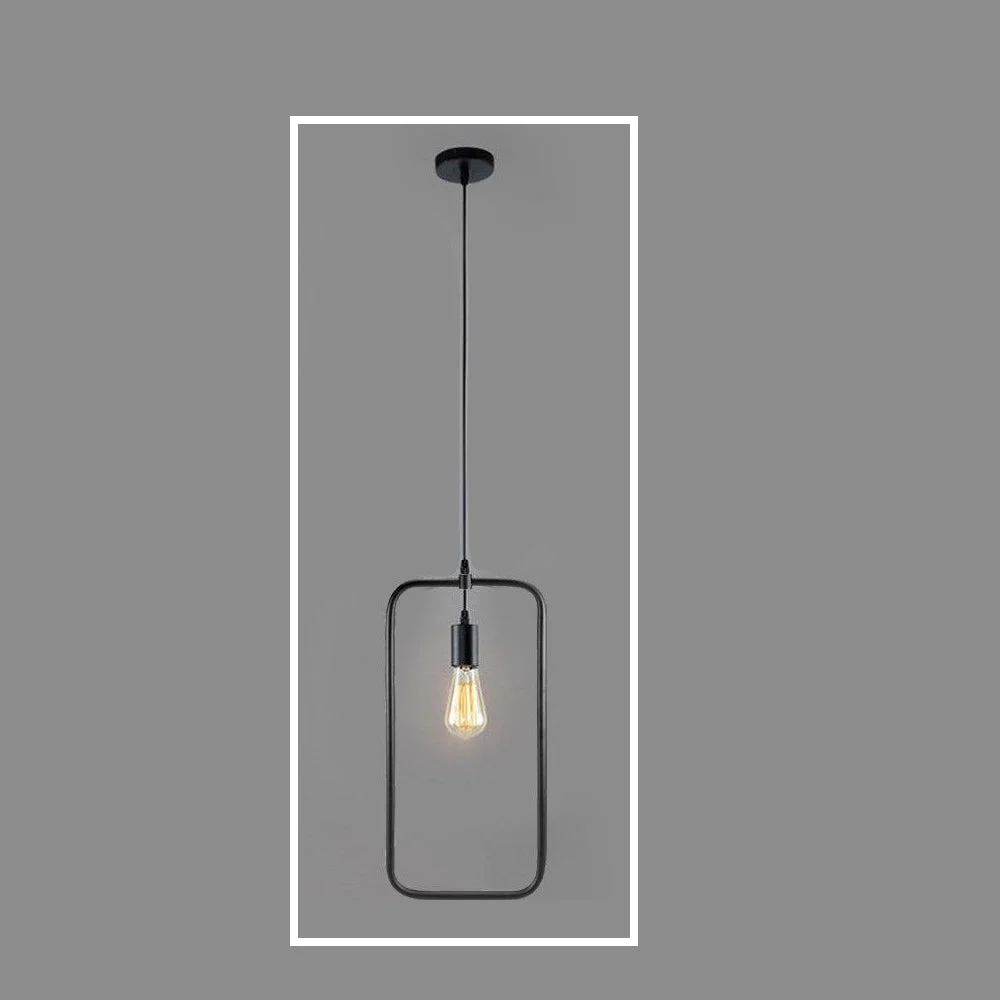 Vintage pendant light with black rectangular wire shade, hanging on a black PVC cable, featuring an E27 socket.