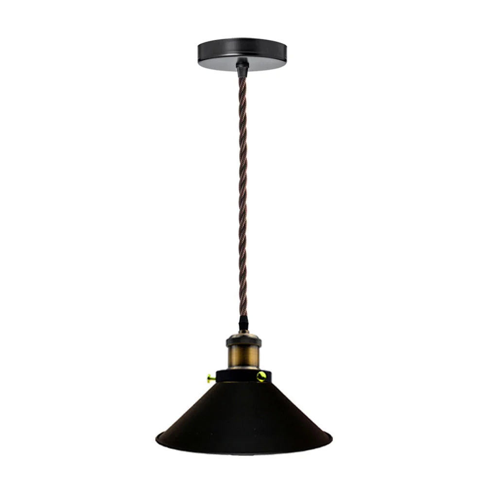 Flat black pendant lamp with round canopy, 22cm diameter shade, 100cm black fabric cable, industrial style.