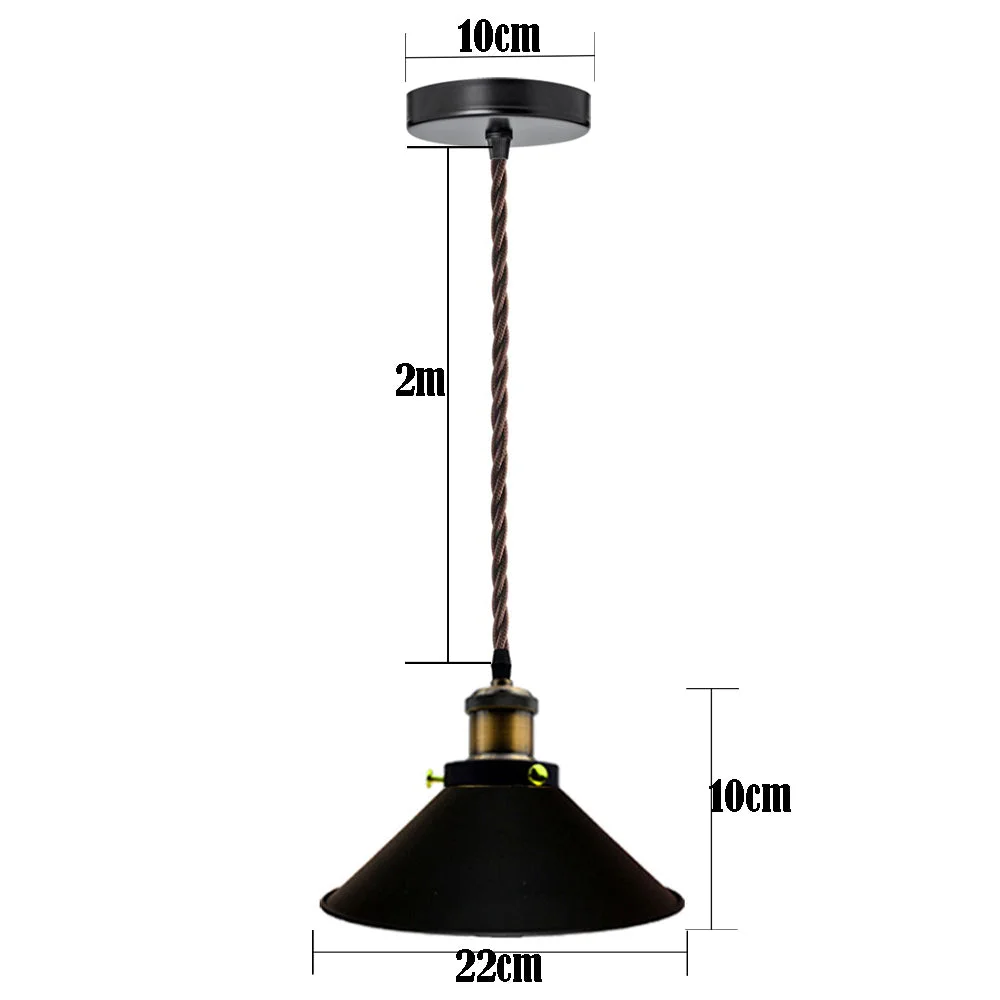 Pendant light with black shade, round canopy, 22 cm diameter, 10 cm height, black fabric cable, industrial style ceiling light