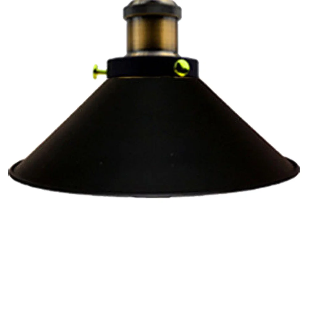 Round flat black metal lampshade pendant featuring a brown fabric-covered cable.