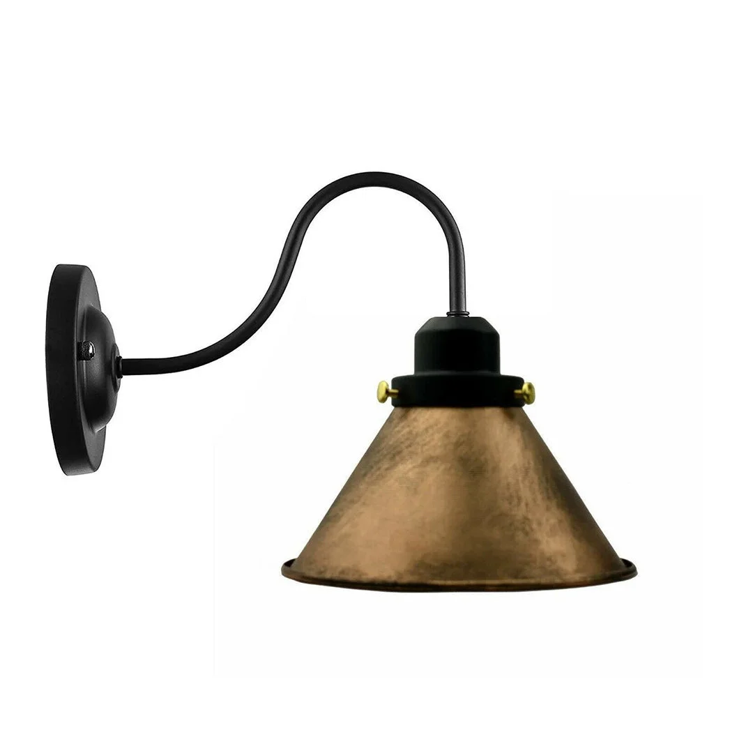 Sleek iron wall light with gooseneck arm, round 18 cm shade, 100 W capacity, mounted on ceiling with rose.