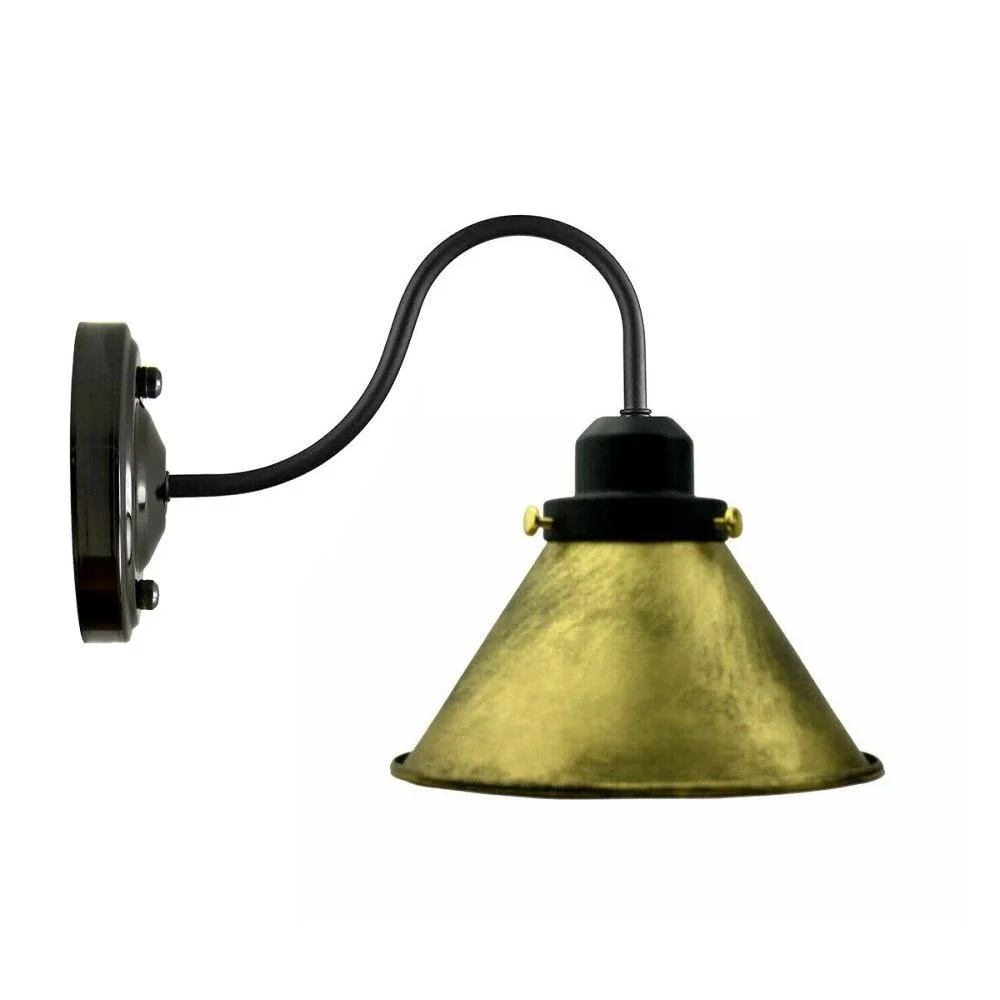 Modern iron E27 wall light with round 18 cm shade, 10 cm height, long arm and ceiling rose.