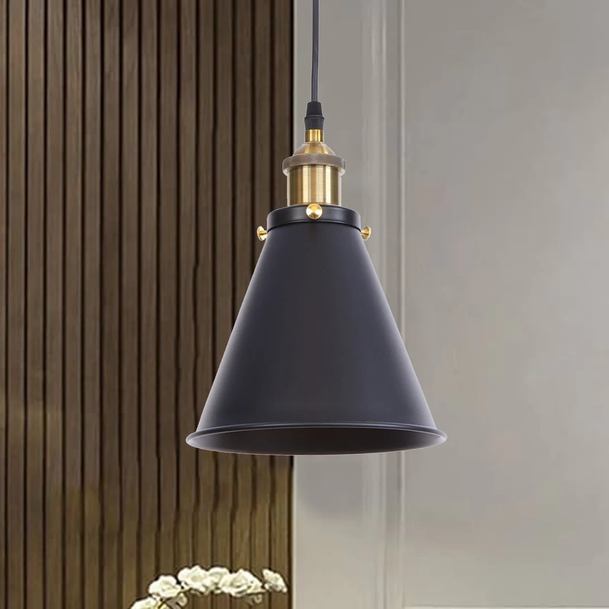 Vintage pendant light with metal shade and black metal/E27 base, 90cm adjustable PVC cable
