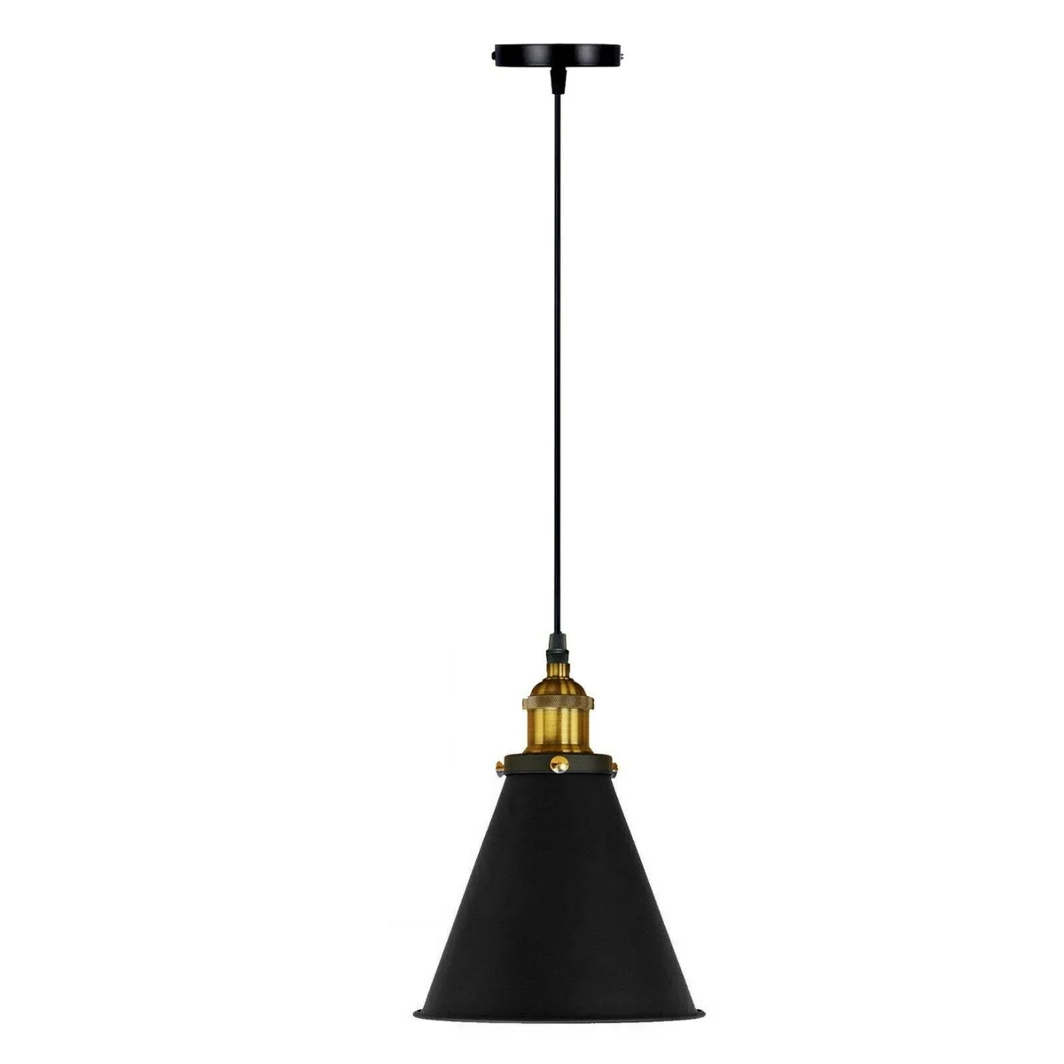 Retro ceiling light featuring black metal lampshade with gold holder, 90 cm adjustable PVC wire, E27 base.