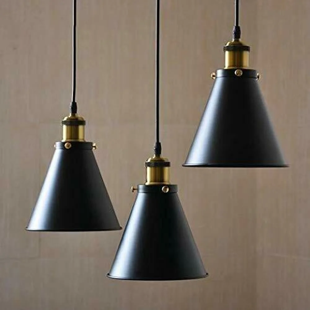Industrial style lampshade with gold holder, black metal and PVC cable, adjustable 90cm pendant light fitting.