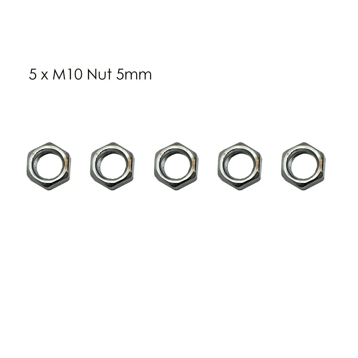 Silver M10 hexagon nut, 5mm long, 1mm fine pitch, 5 pieces package