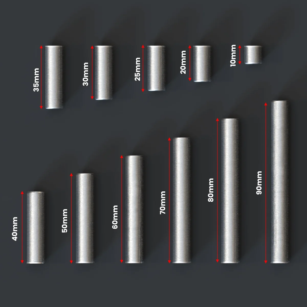 Five aluminium M10 threaded lamp rods with accompanying vintage-style nuts, shown bundled on a neat metal surface.