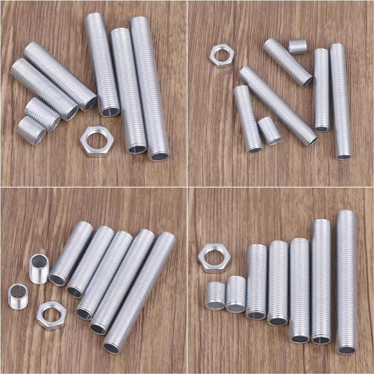 5 aluminum hollow threaded tube nipples, fine 1 mm pitch, lengths 10‑90 mm, bundled with matching nuts.