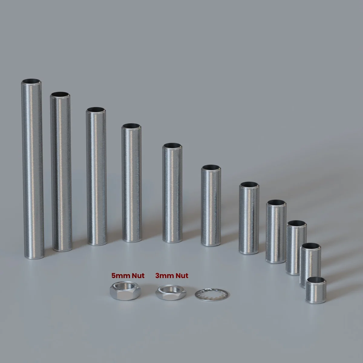 Set of five aluminum threaded lamp nipples with matching nuts – lamp fitting accessories.