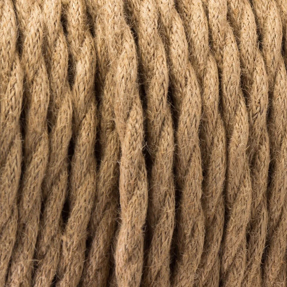 Close‑up of a 3‑core twisted hemp fabric lighting cable, dark hemp weave surrounding a thin copper core, 6mm diameter.