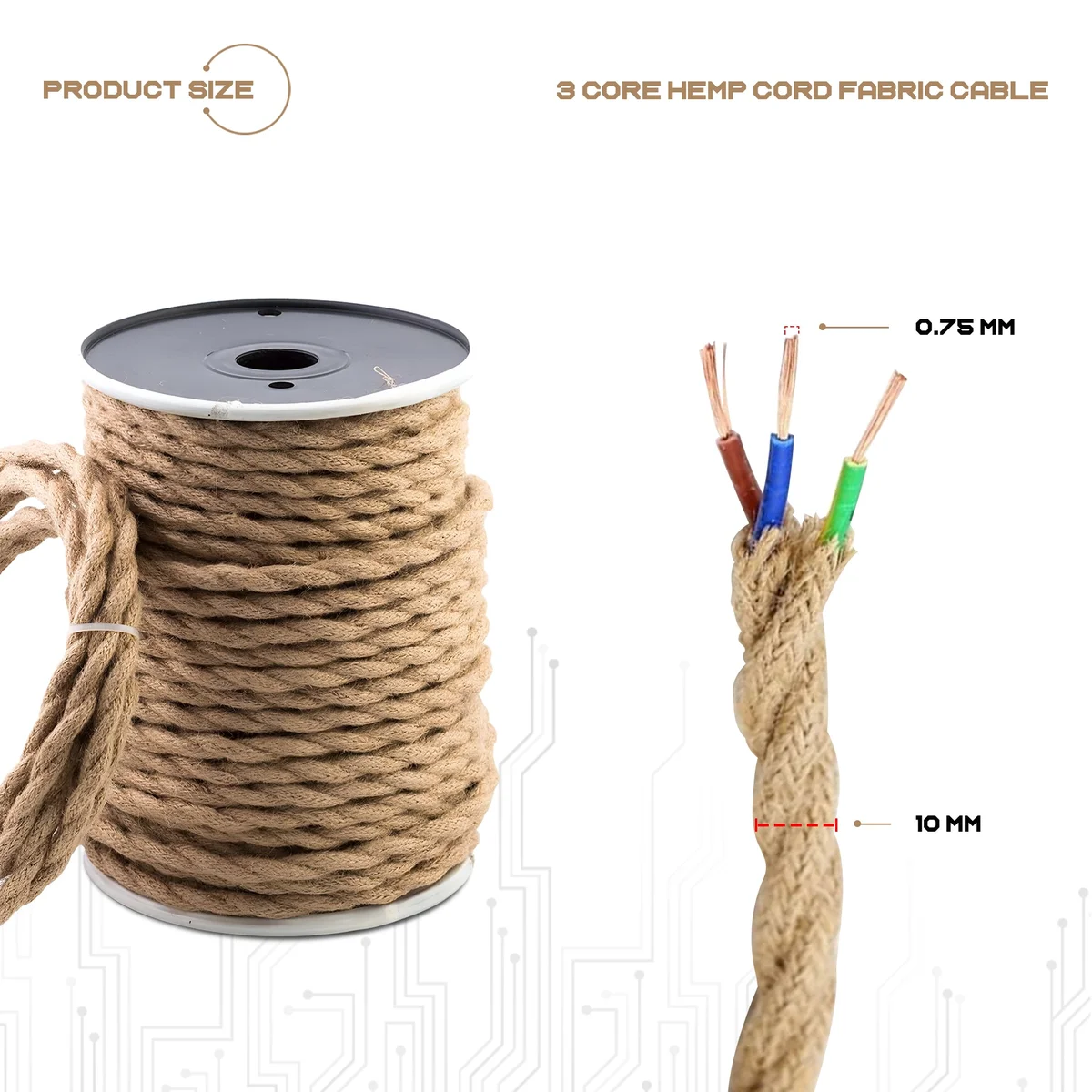 3‑core twisted hemp fabric cable in vintage decorative flex style, length options 1m‑10m, showing rustic woven finish.