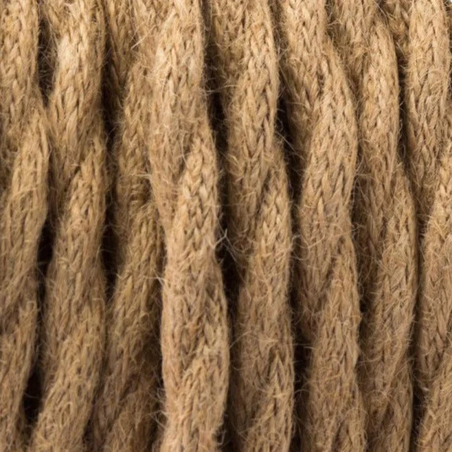 3-core twisted hemp fabric covered lighting cable, showing brown braided texture and end terminals