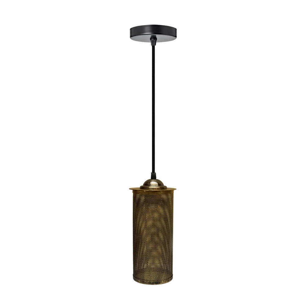 Brass pendant light with black fabric shade hanging from ceiling.