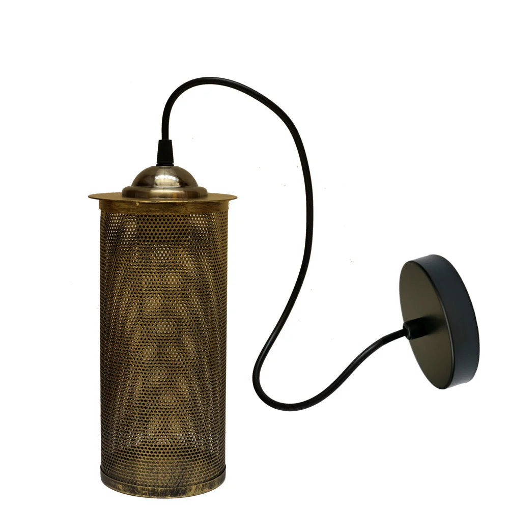 Industrial pendant light in brass, round canopy, 10 cm diameter shade, 24 cm height, hanging 100 cm on black fabric cable, includes E27 socket.