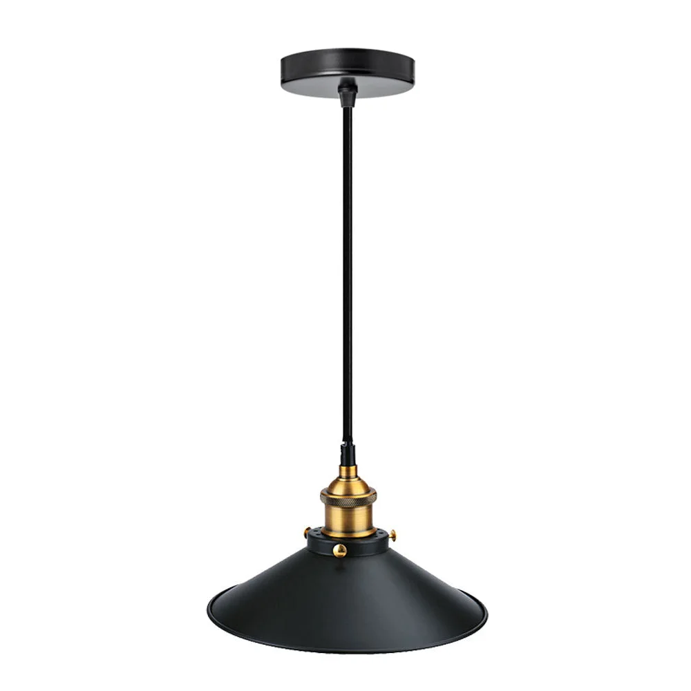 Black pendant light with round fabric-covered cable, 21 cm diameter shade, E27 socket, 100 cm black fabric cord.