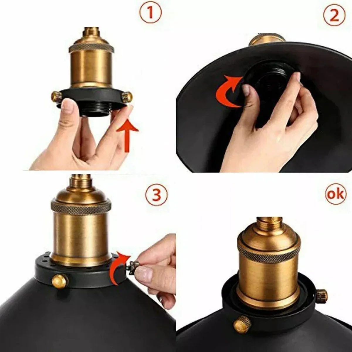 Black pendant light with round black shade, black fabric cable, metal lamp holder, modern industrial style.