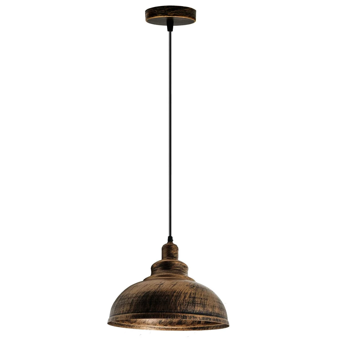 Round canopy industrial copper pendant light with black fabric cable and 100cm wire. E27 socket, 29cm diameter, 22cm height.