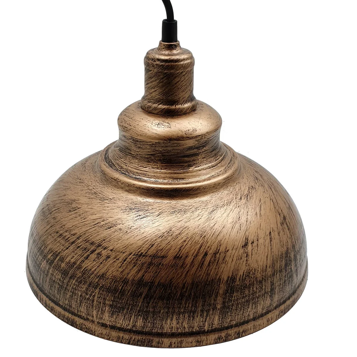 Brushed copper ceiling lamp hanging from black fabric cable, round canopy 29 cm diameter, 22 cm shade height, industrial style.
