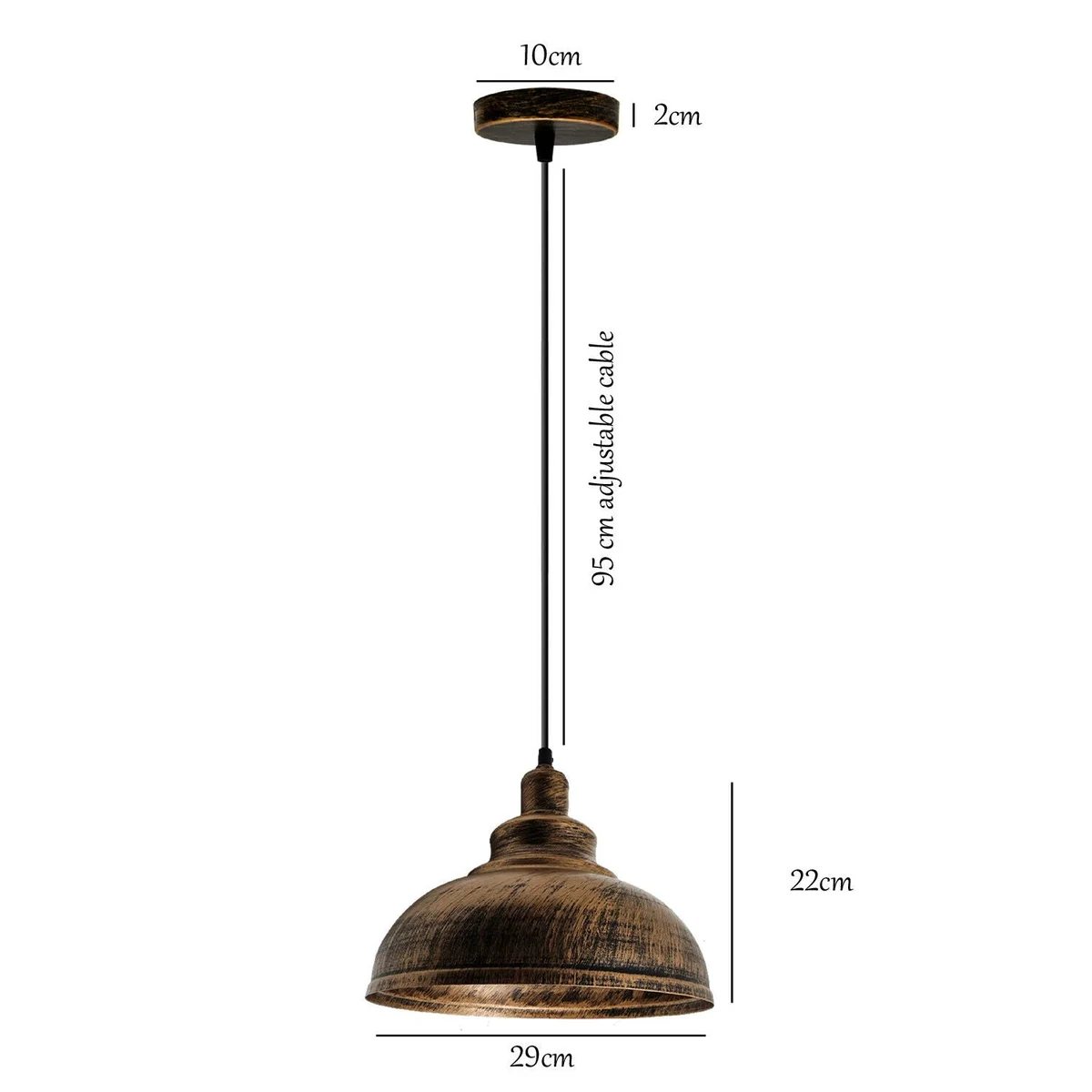 Brushed copper vintage industrial chandelier with round canopy, black fabric cable, 100 cm length, E27 socket.