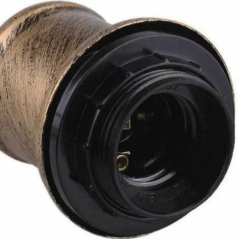 Brushed copper industrial pendant chandelier with round canopy, black fabric cable pendant and E27 socket.