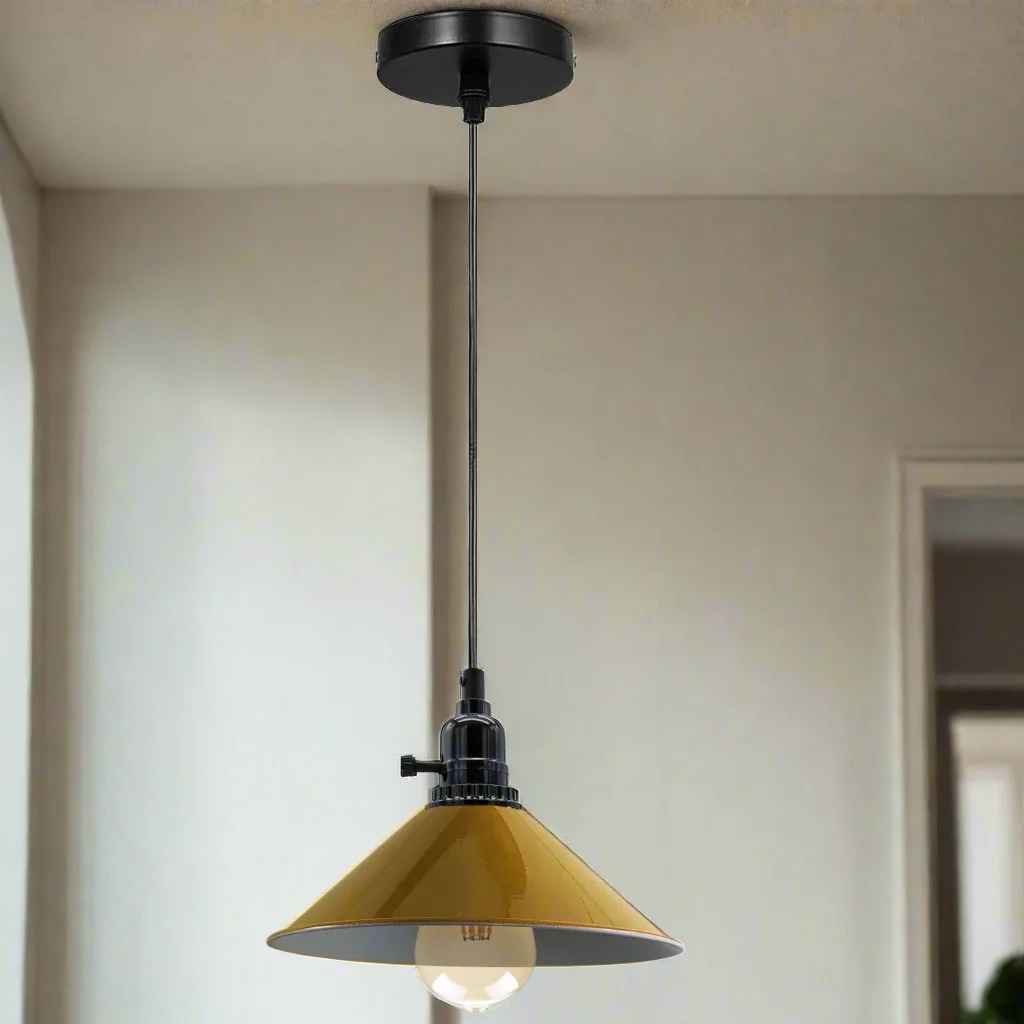 Yellow pendant ceiling light with angled metal & PVC dome, 10cm base, 95cm cable