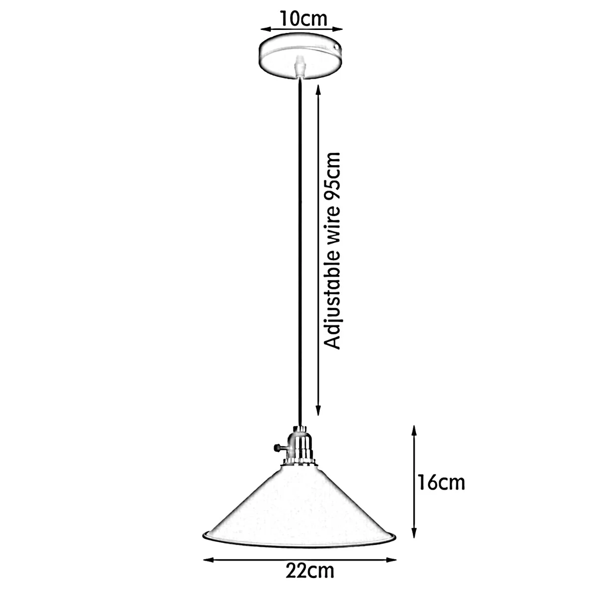 Modern pendant light with painted metal dome, angled base, PVC shade, 95 cm cable, suitable for kitchen island.