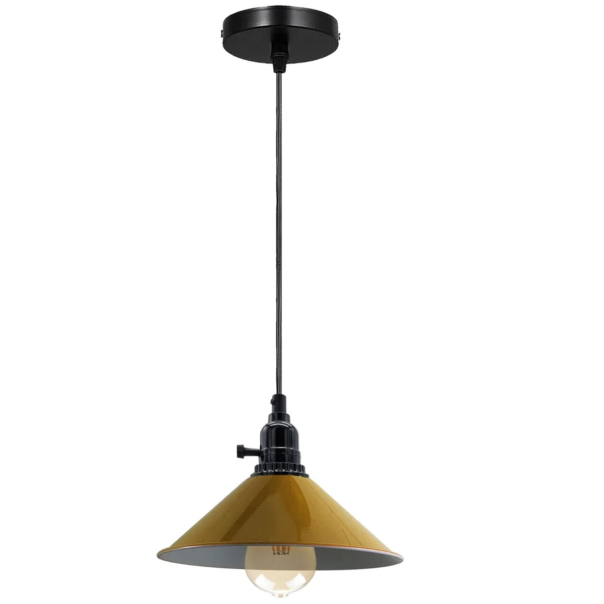 Yellow pendant ceiling light with sleek painted dome, angled metal base, PVC cable, modern kitchen island style