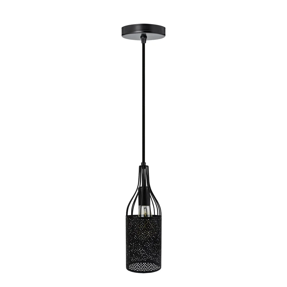 Black pendant ceiling light with round black canopy and black fabric cable, 125mm shade height 330mm, Edison screw socket.