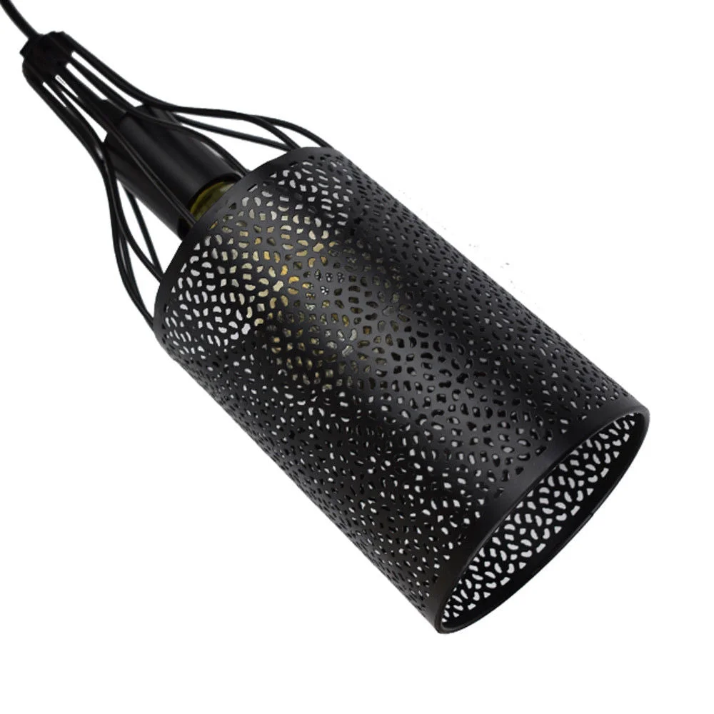 Modern lampshade chandelier with a 125 mm black round shade, 330 mm tall, woven black fabric cable, E27 Edison screw socket.
