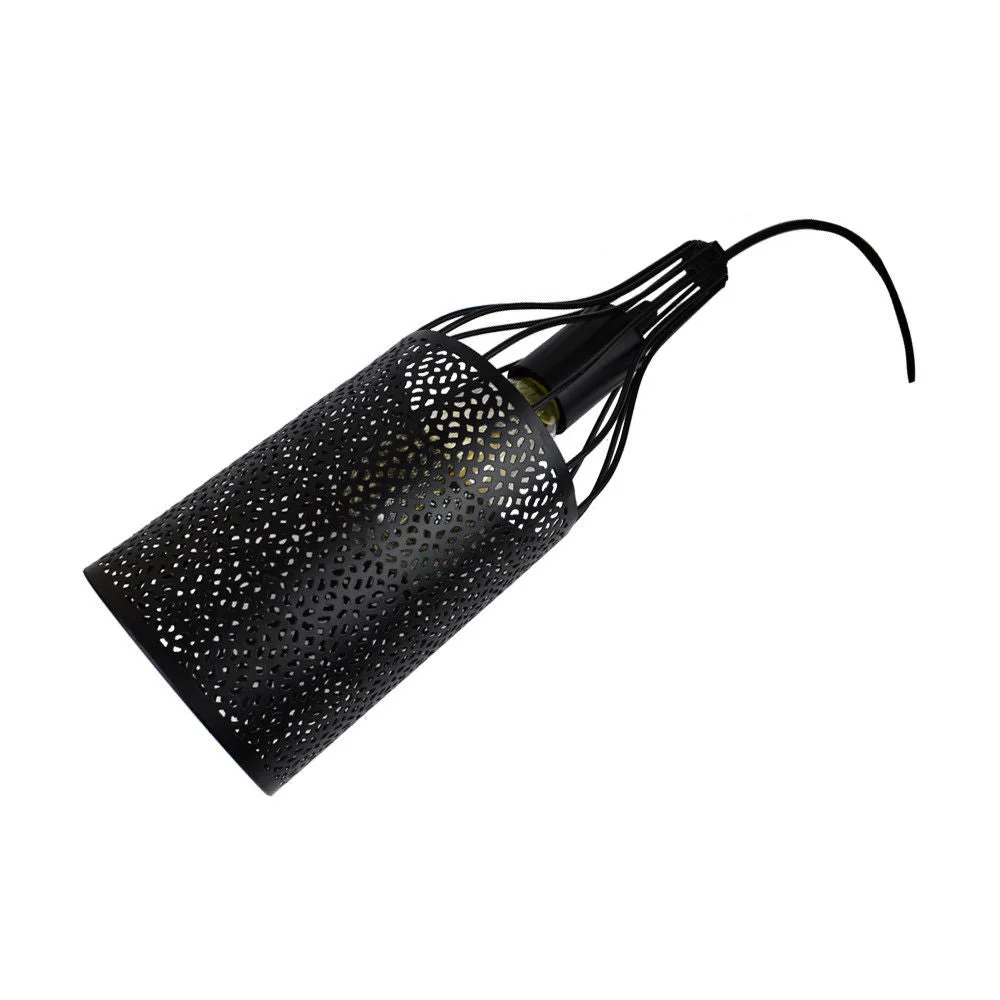 Black pendant ceiling light featuring bottle style Edison shade, round canopy, 125mm diameter, 330mm height, fabric cable.