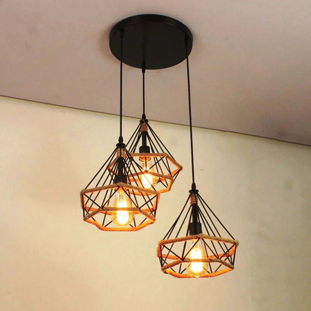3 cluster pendant light in black with hemp accents, metal body, 3 soft LED globes suspended from 95cm cable