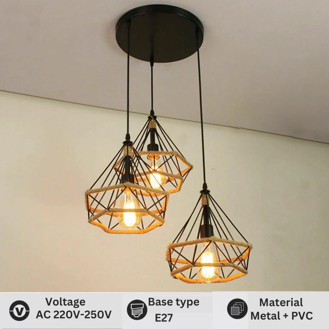 black metal pendant lamp with hemp rope ceiling light, 3 cages, 95cm cable, round base